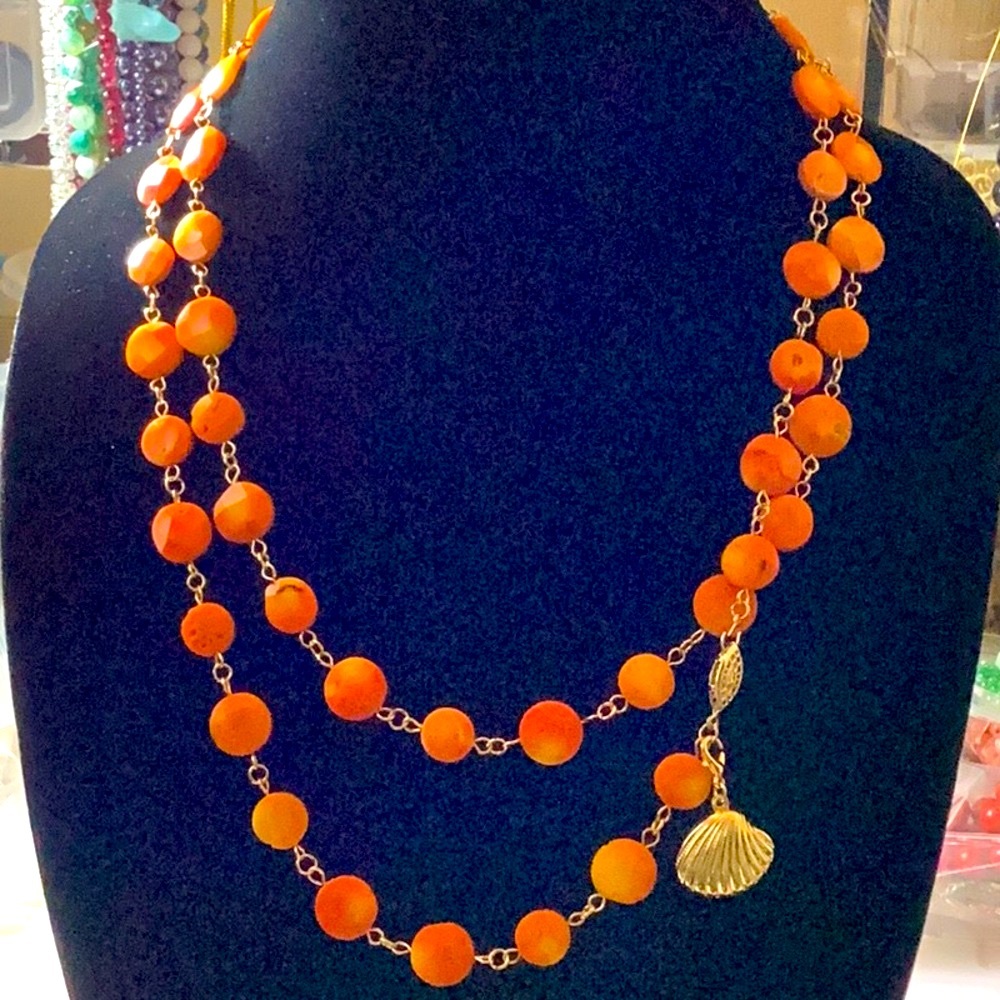 Orange Faceted Flat Coral Beads Necklace